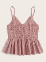 Solid Shirred Ruffle Hem Cami Top