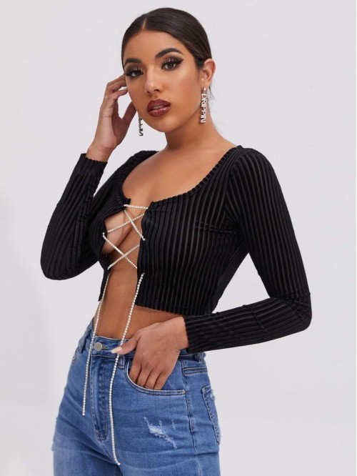 Lace Up Velvet Crop Top