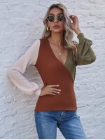 Color-block Surplice Front Waffle Tee