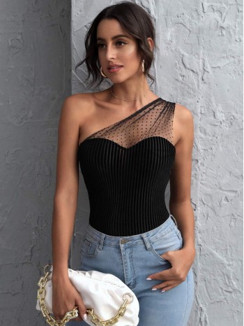 One Shoulder Dobby Mesh Panel Rib-knit Velvet Top