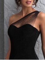 One Shoulder Dobby Mesh Panel Rib-knit Velvet Top