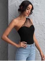 One Shoulder Dobby Mesh Panel Rib-knit Velvet Top