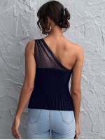 One Shoulder Dobby Mesh Panel Rib-knit Velvet Top