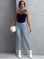 One Shoulder Dobby Mesh Panel Rib-knit Velvet Top