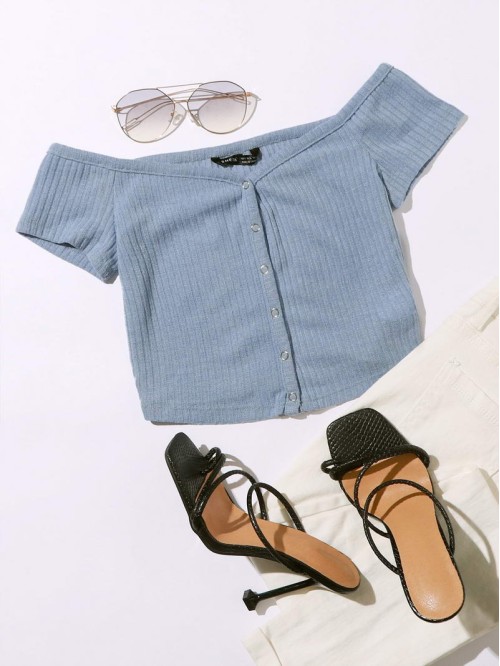 Off Shoulder Buttoned Front Rib-knit Top