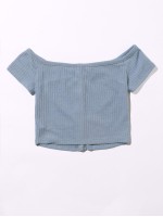 Off Shoulder Buttoned Front Rib-knit Top