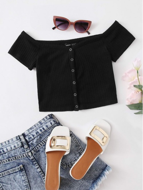 Off Shoulder Buttoned Front Rib-knit Top