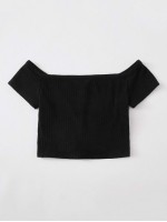 Off Shoulder Buttoned Front Rib-knit Top