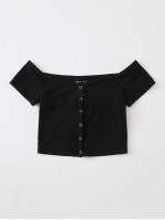 Off Shoulder Buttoned Front Rib-knit Top