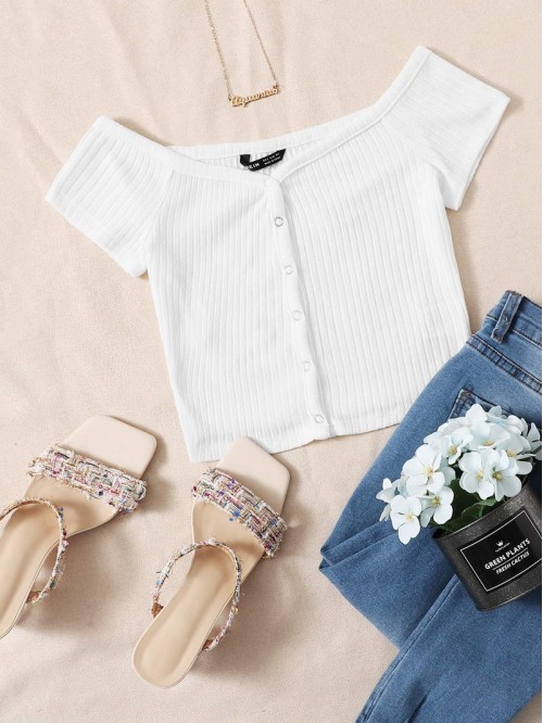 Off Shoulder Buttoned Front Rib-knit Top