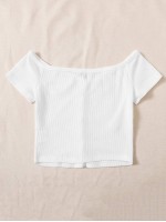 Off Shoulder Buttoned Front Rib-knit Top