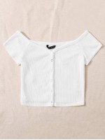 Off Shoulder Buttoned Front Rib-knit Top