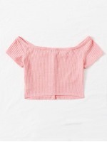 Off Shoulder Buttoned Front Rib-knit Top