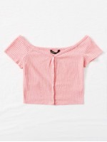 Off Shoulder Buttoned Front Rib-knit Top