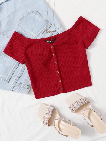 Off Shoulder Buttoned Front Rib-knit Top