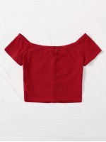 Off Shoulder Buttoned Front Rib-knit Top