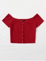 Off Shoulder Buttoned Front Rib-knit Top