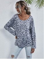 Leopard Print Boat Neck Long Sleeve Tee