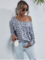 Leopard Print Boat Neck Long Sleeve Tee