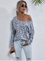 Leopard Print Boat Neck Long Sleeve Tee