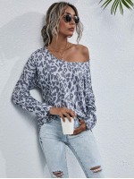 Leopard Print Boat Neck Long Sleeve Tee