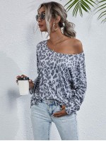 Leopard Print Boat Neck Long Sleeve Tee