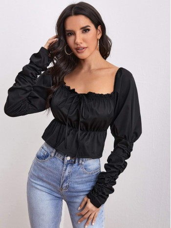 Tie Front Ruched Gigot Sleeve Peplum Top