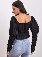 Tie Front Ruched Gigot Sleeve Peplum Top