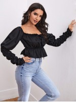 Tie Front Ruched Gigot Sleeve Peplum Top