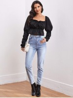 Tie Front Ruched Gigot Sleeve Peplum Top