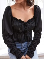 Tie Front Ruched Gigot Sleeve Peplum Top