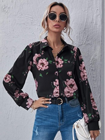 Floral Print Button Front Blouse