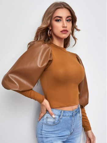 Gigot Sleeve PU Mixed Media Top