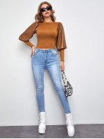 Gigot Sleeve PU Mixed Media Top