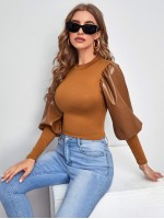 Gigot Sleeve PU Mixed Media Top