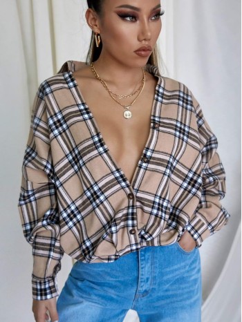 Plaid Drop Shoulder Button Up Blouse