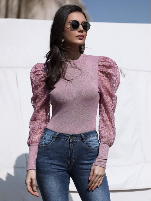 Contrast Lace Sleeve Ribbed Top