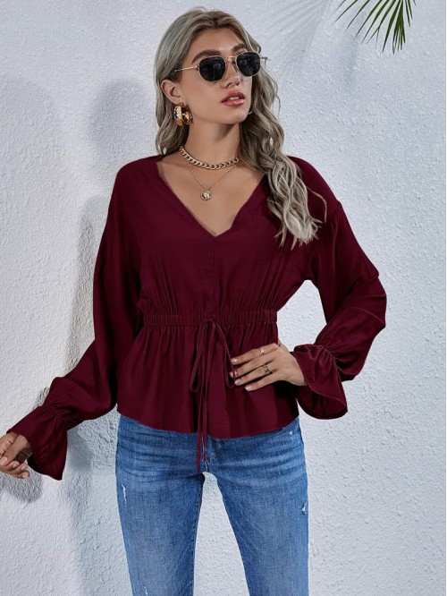 Flounce Sleeve Knotted Peplum Top