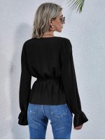 Flounce Sleeve Knotted Peplum Top