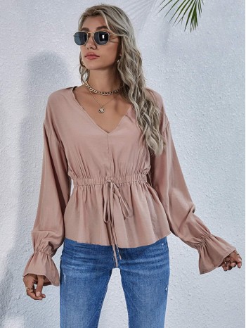 Drawstring Waist Flounce Sleeve Top