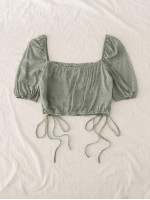 Drawstring Knot Ruched Swiss Dot Crop Top