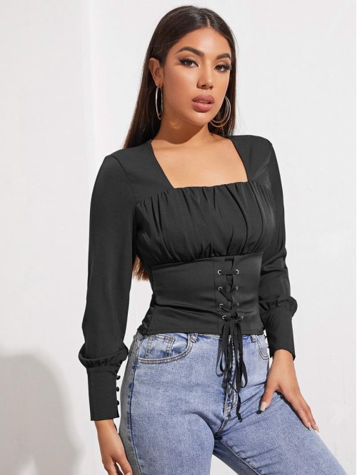 Ruched Bust Eyelet Lace Up Knot Top