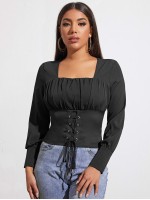 Ruched Bust Eyelet Lace Up Knot Top