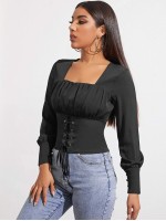 Ruched Bust Eyelet Lace Up Knot Top