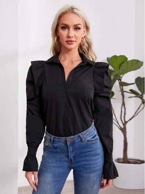 Button Front Gigot Sleeve Blouse