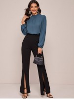 Frilled Neckline Blouson Sleeve Top