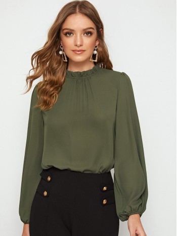 Frill Neck Blouson Sleeve Top