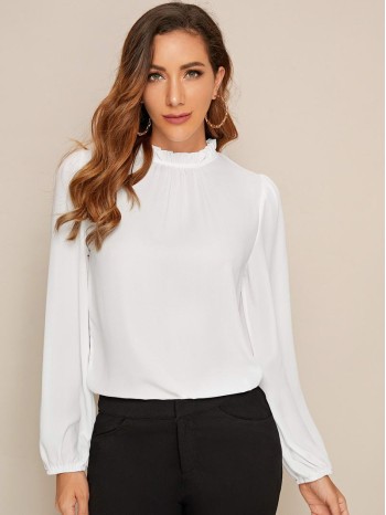 Frilled Neck Puff Sleeve Top