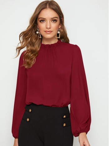 Frilled Neck Blouson Sleeve Top