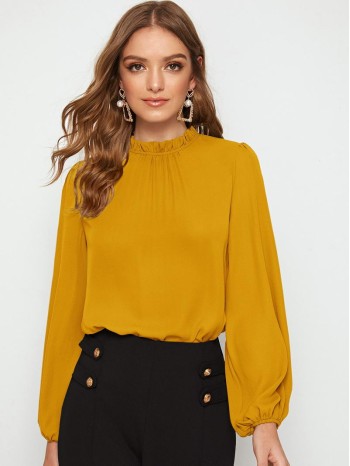 Frilled Neck Puff Sleeve Blouse